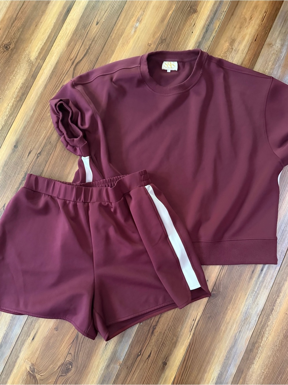 Maroon Two-Piece Shorts Set with White Stripe